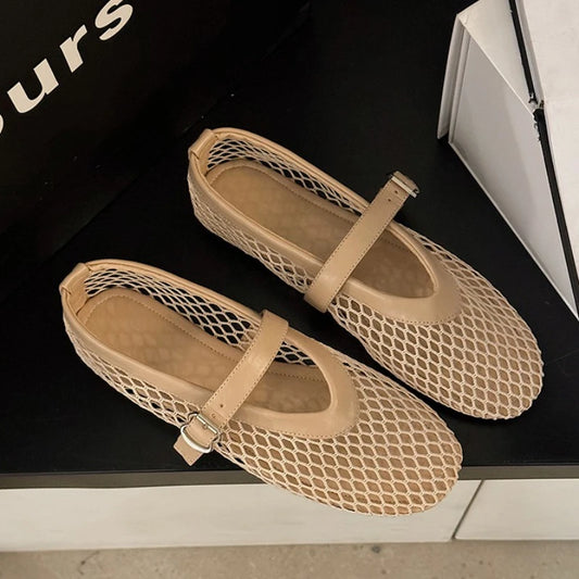 Breathable Women Mesh Ballet Flats - Strappy Round Toe