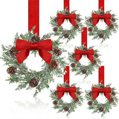Juego de 6 coronas navideñas mini para gabinete con lazos rojos decoración duradera artificial estilo granja para las fiestas 2025