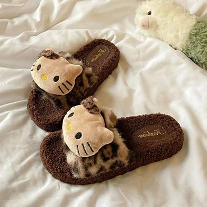 Bløde pigetøfler - hyggelig leopardmønstret plysfuskepels, polyester, til indendørs brug, gave