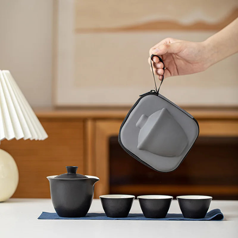 Portable Ceramic Travel Tea Set With Case Gift Kit