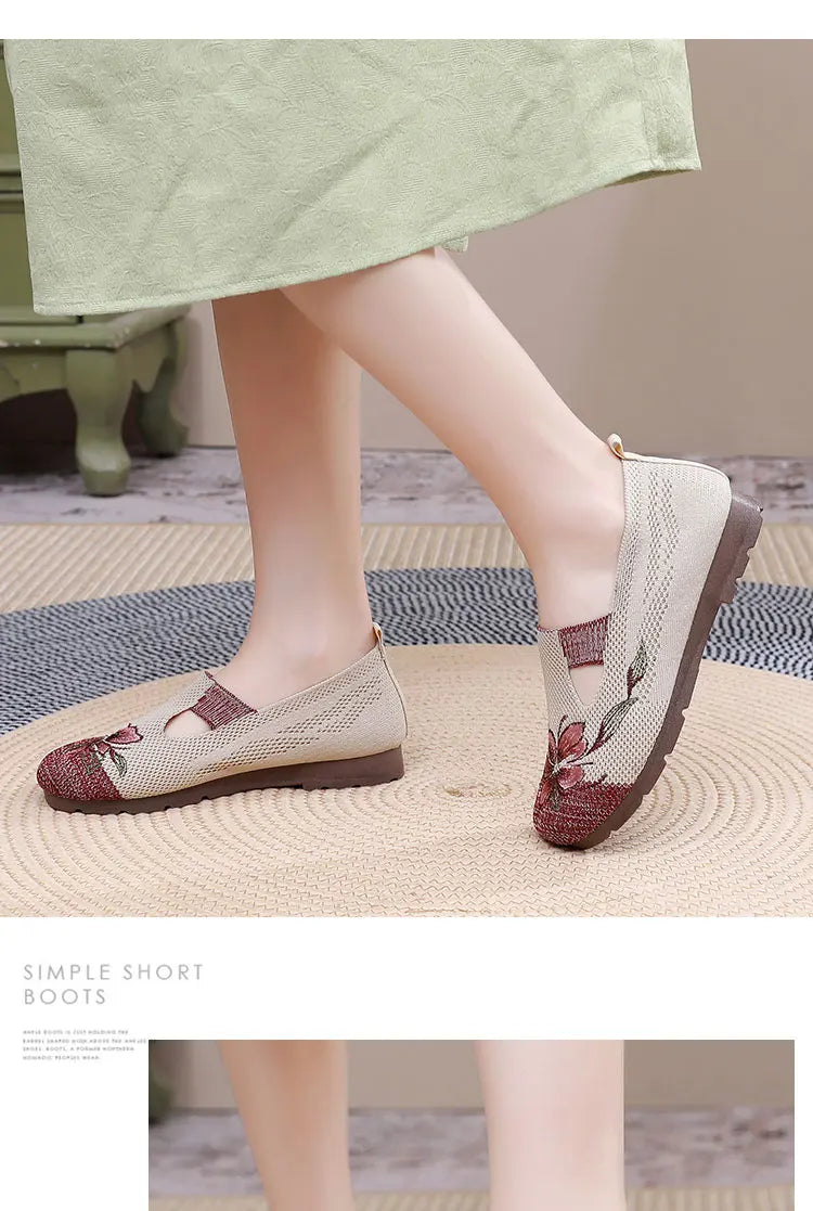 Breathable Women’s Flats - Slip-On Mesh, Embroidered