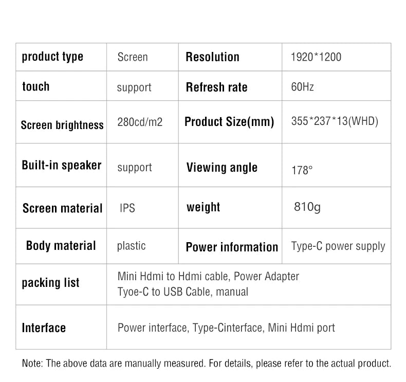 16 Inch Draagbare Touch Monitor 1920x1200 HDR10 Laag Blauw