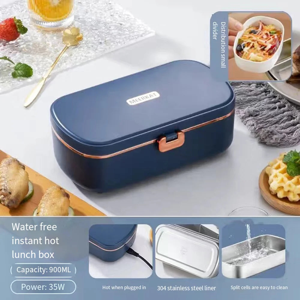 Stainless Steel Portable Electric Lunch Box - Water-Free Heating, 900ml Capacity, Ideal for Office and Travel