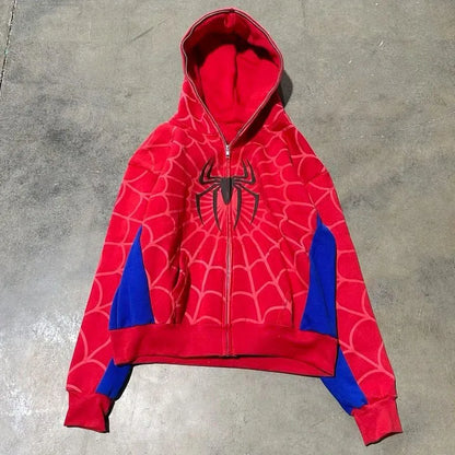 Sudadera con capucha roja Viral Spider Web para mujeres - Estilo punk hip hop Harajuku cálido