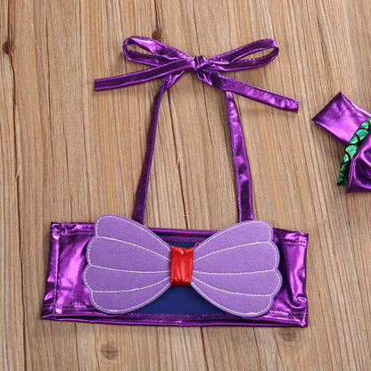 Lightweight girls mermaid bikini set - lace-up 3D bow top, triangle briefs, elastic headband, polyester, summer swimwear