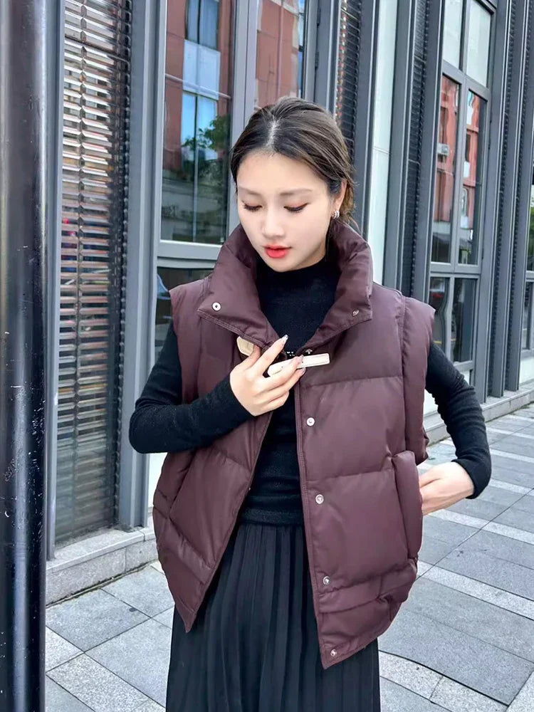 Warm Women’s Down Vest - Cropped Boxy, PU, Winter Layering