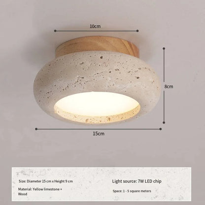 Japandi Travertine Ceiling Light Wood Cap Round Mid Century Lamp