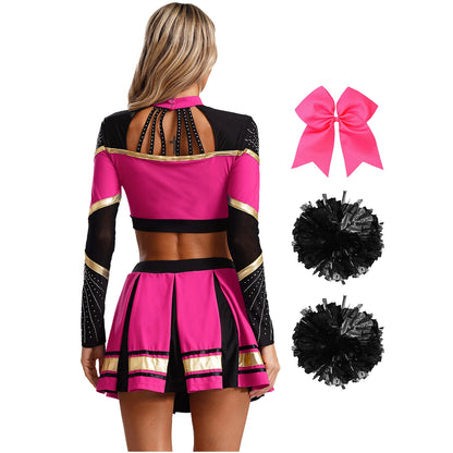 Cosplaykostuum voor cheerleaderoptredens voor vrouwen, crop-top met lange mouwen en geplooide rok met pompons 2026