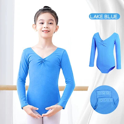 Breathable girls long sleeve ballet leotard - twist-front, cotton, for dance class