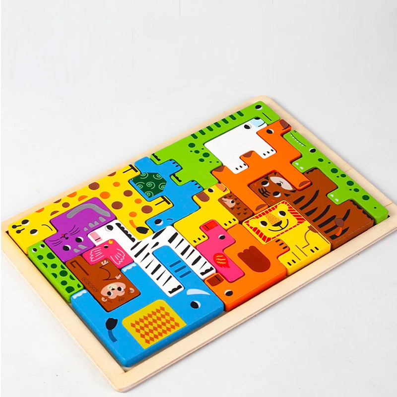 Montessori Animal Characters Wooden Transportation Puzzle Toy