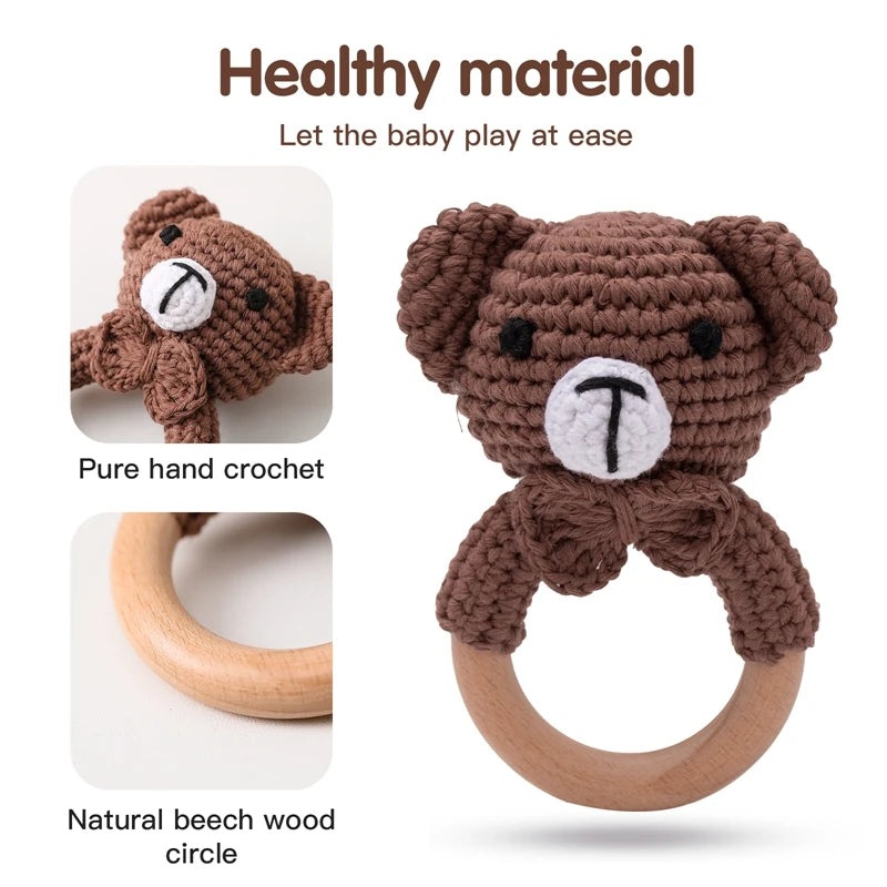 Crochet Bear Teether Rattle Ring Newborn Sensory Toys