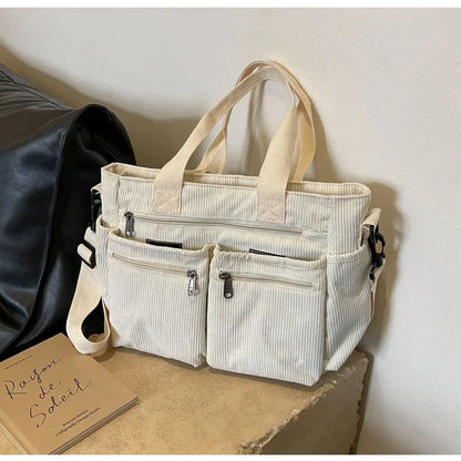 Relaxed women's corduroy messenger bag – multi-pocket, casual commuter tote, oversized