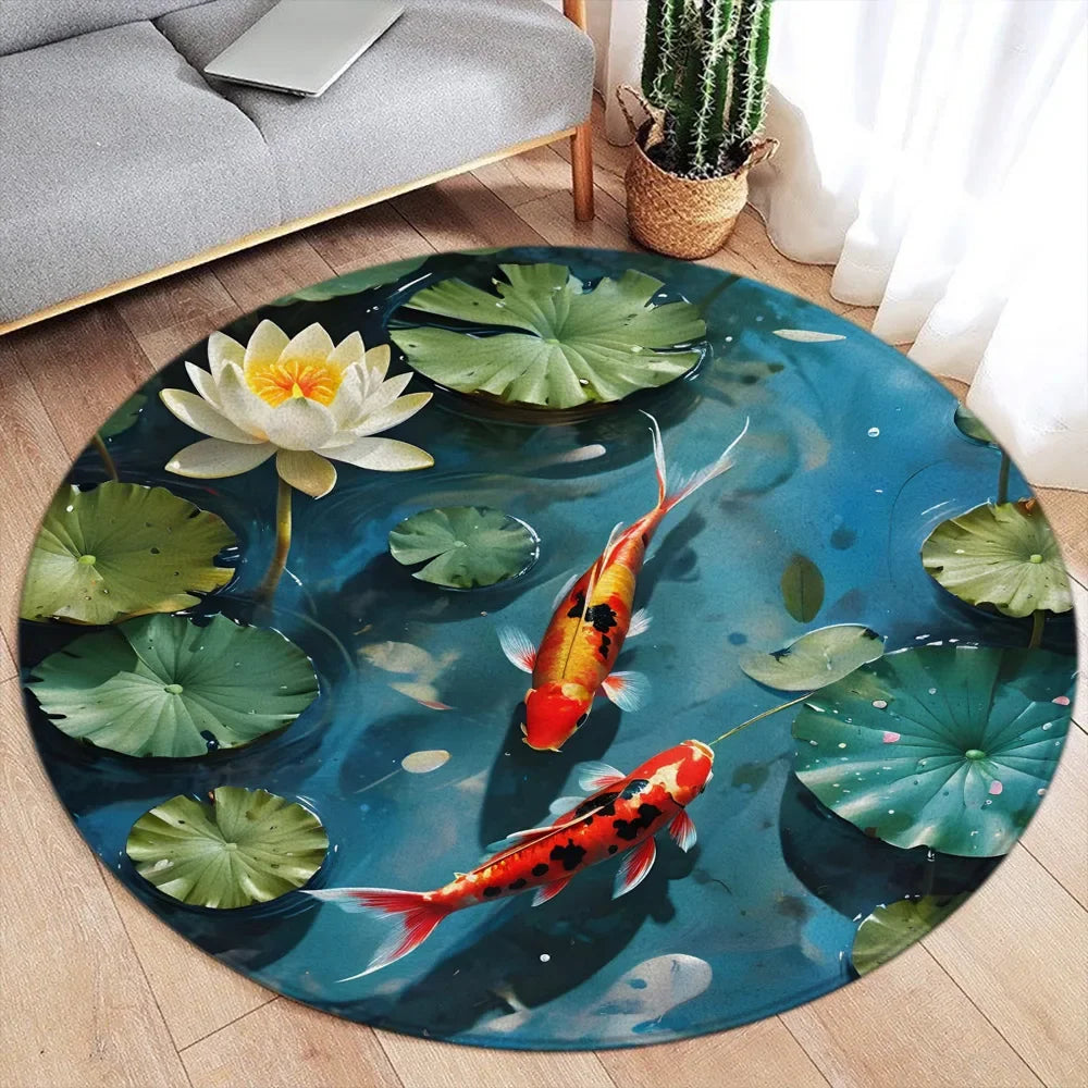 Koi Fish Round Rug Japanese Water Ink Floor Decor Serene