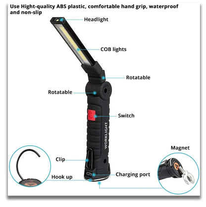 Rechargeable Camping LED Flashlight Work Light - IP64 Waterproof, 5 Modes, Magnet & Hook for Night Work
