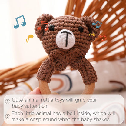 Wooden Crochet Animal Teether Rattle Newborn Sensory Toys