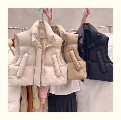 Warm Women Short Down Vest - Stand-Up Collar, Winter