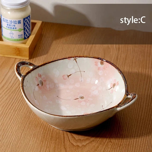 Keramisk nudelskål 7.5 tum med dubbla handtag blommig skål