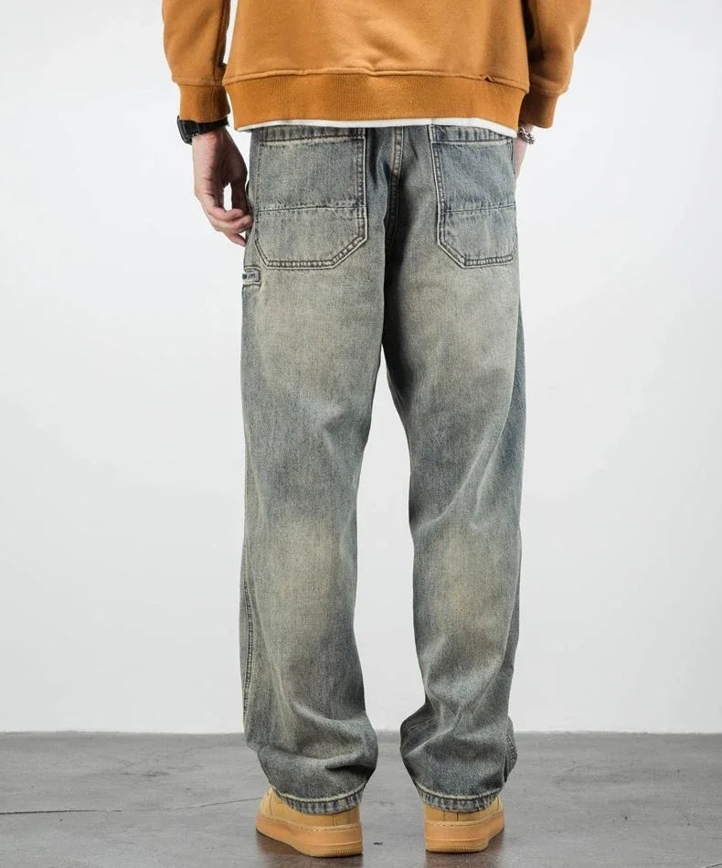Oversized Men's Denim Jeans - Loose Straight Cut, Washed