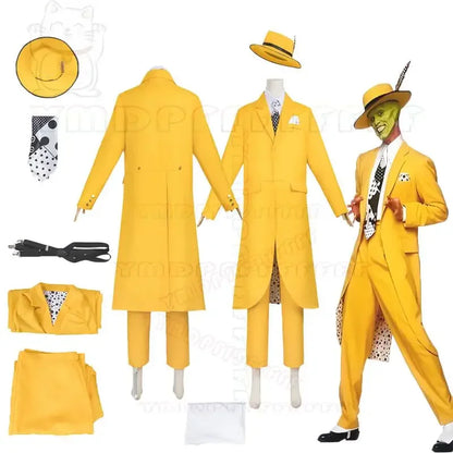 Jim Carrey The Mask-cosplaykostuum met groen gezicht en geel pak, anime-set voor volwassenen, Halloween 2026