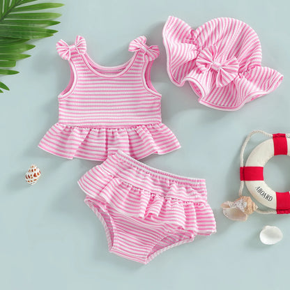 Soft Toddler Girls' Bikini Set - Striped Tank Top With Ruffle, Matching Bottom, Hat, Polyester-Elastane, Summer Swimwear