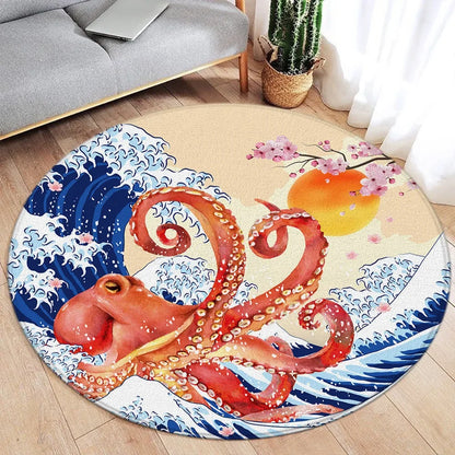 Koi Fish Round Rug Japanese Water Ink Floor Decor Serene