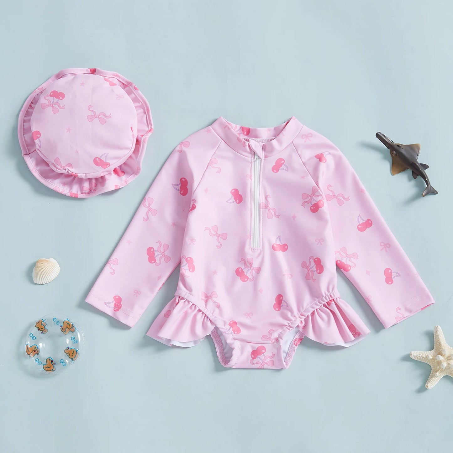 Soft Girls' Rash Guard Swimsuit Set - Zip-Up, Floral Print, Polyester, With Hat, For Summer Beach And Pool
