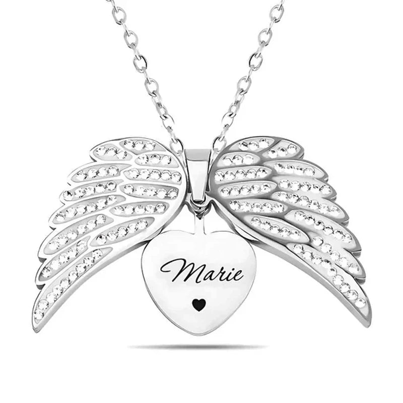 Classic couples' heart pendant necklace – angel wings, zircon stone, metal chain, gift idea