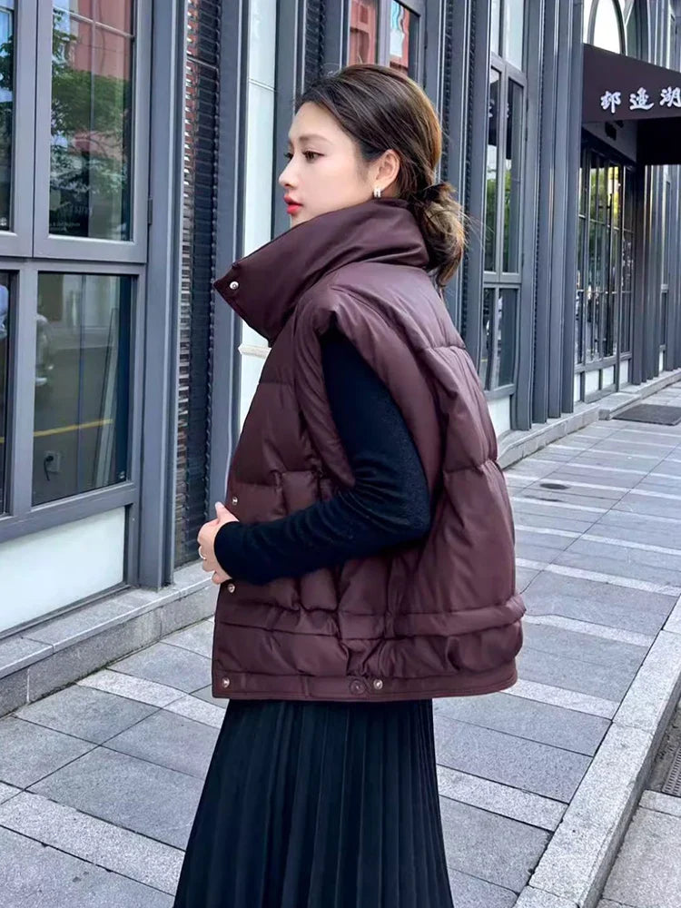 Warm Women’s Down Vest - Cropped Boxy, PU, Winter Layering