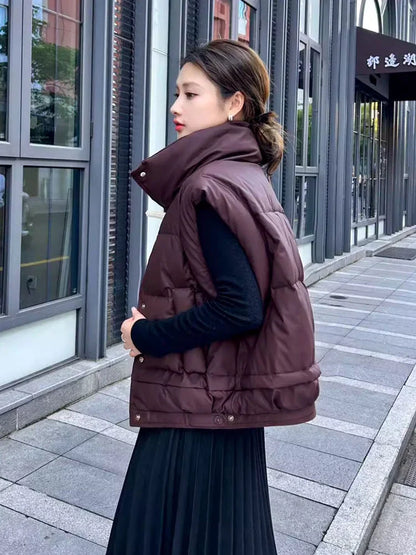 Warm Women’s Down Vest - Cropped Boxy, PU, Winter Layering