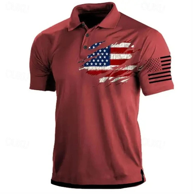 Lightweight men's polo shirt - classic polo, 3D American flag print, casual everyday wear