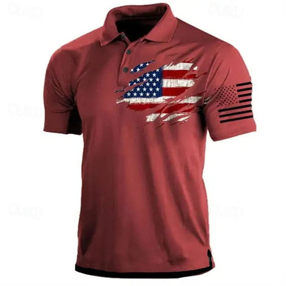 Lightweight men's polo shirt - classic polo, 3D American flag print, casual everyday wear