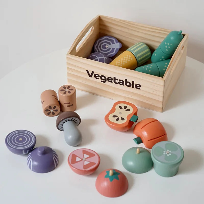 Set da gioco da cucina per bambini in legno con accessori per tagliare alimenti - Frutta, verdura e giocattoli da forno