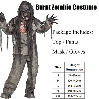 Verbrand zombie-verkleedkostuumset voor volwassenen en kinderen, met masker en handschoenen, Halloween 2026