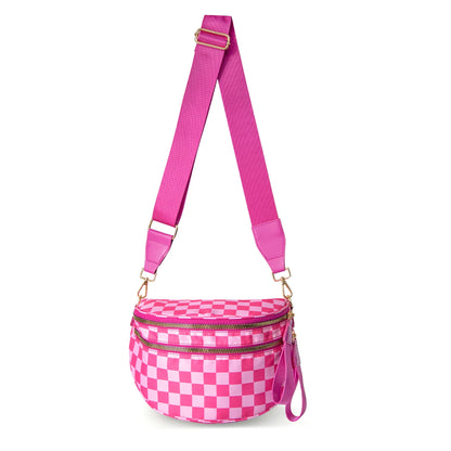 Versatile unisex crossbody bum bag – checkered nylon, box shape, travel and daily use