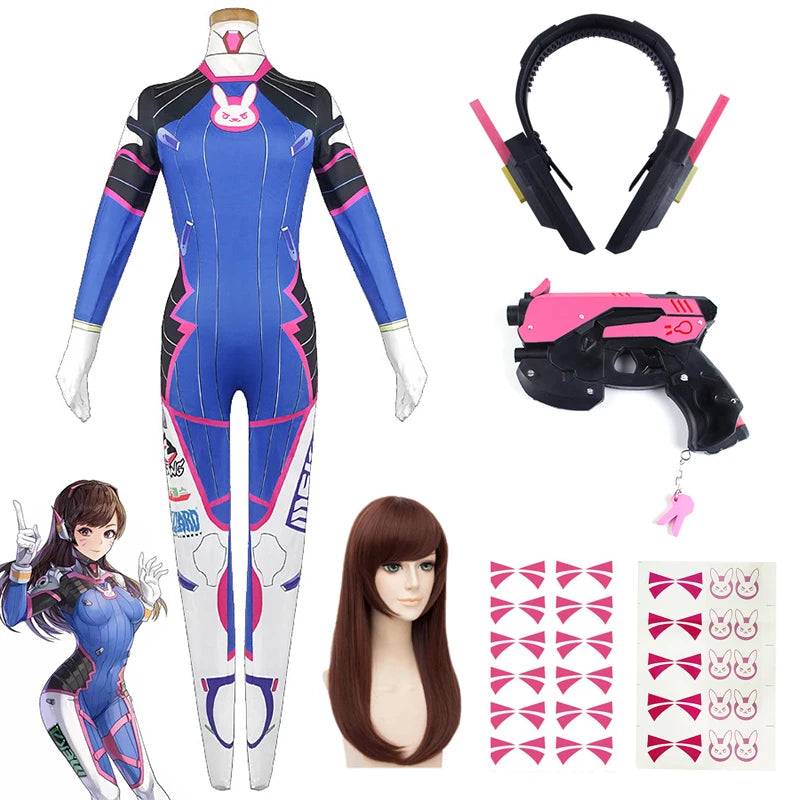 Overwatch DVa Meka Pilot Zentai Jumpsuit Cosplay Costume Set with Wig Headphones and Gun Props 2026