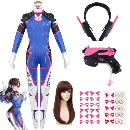 Overwatch DVa Meka Pilot Zentai Jumpsuit Cosplay Costume Set with Wig Headphones and Gun Props 2026