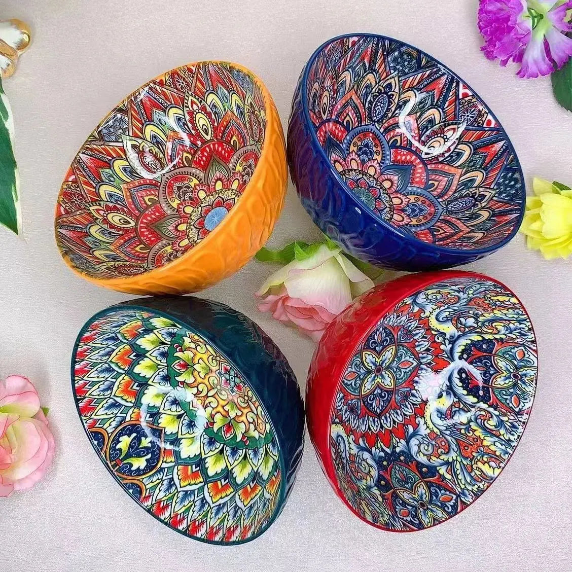 Boheemse keramische kommen set bloemmotief serveerschalen veelzijdig