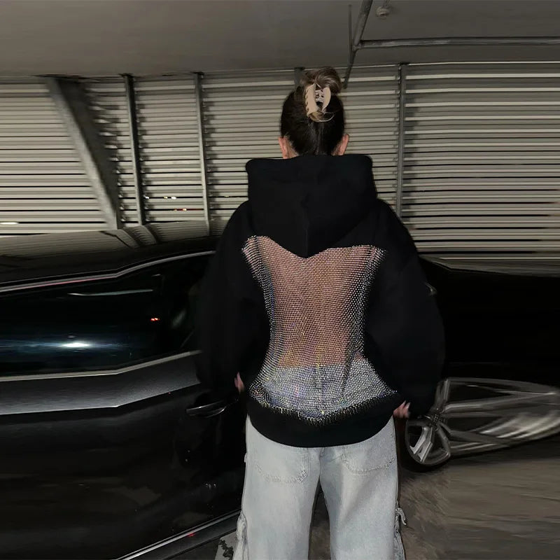 Oversized Relaxed Women’s Hooded Pullover - Boxy Hollow-Back Cut, Blended Fabric With Mesh Back, For Streetwear