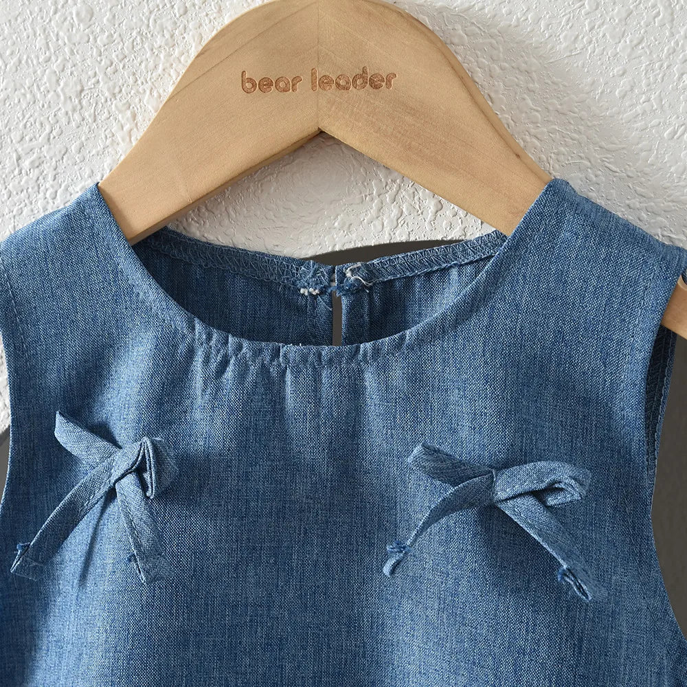 Soft girls' dress - round-neck sleeveless, bow-accented a-line, polyester, casual summer wear