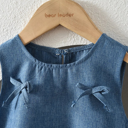 Soft girls' dress - round-neck sleeveless, bow-accented a-line, polyester, casual summer wear