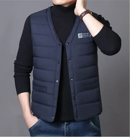 Warm Men's Down Vest - V Neck Quilted Cotton, Winter