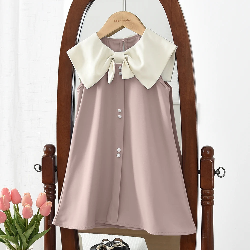 Soft and flattering girls' knee-length dress - sleeveless, bow-collar, polyester, birthday party