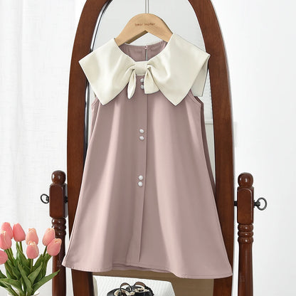Soft and flattering girls' knee-length dress - sleeveless, bow-collar, polyester, birthday party