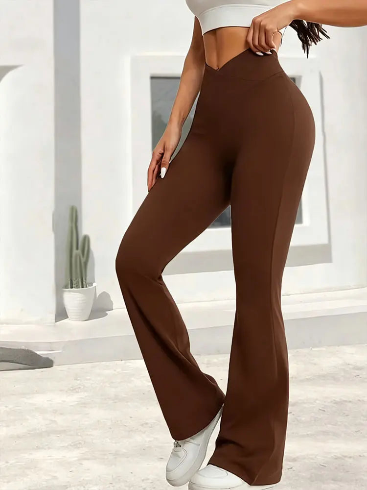 Relaxed women's high-waist wide-leg leggings – flared hem cross-waist design, casual sports trousers