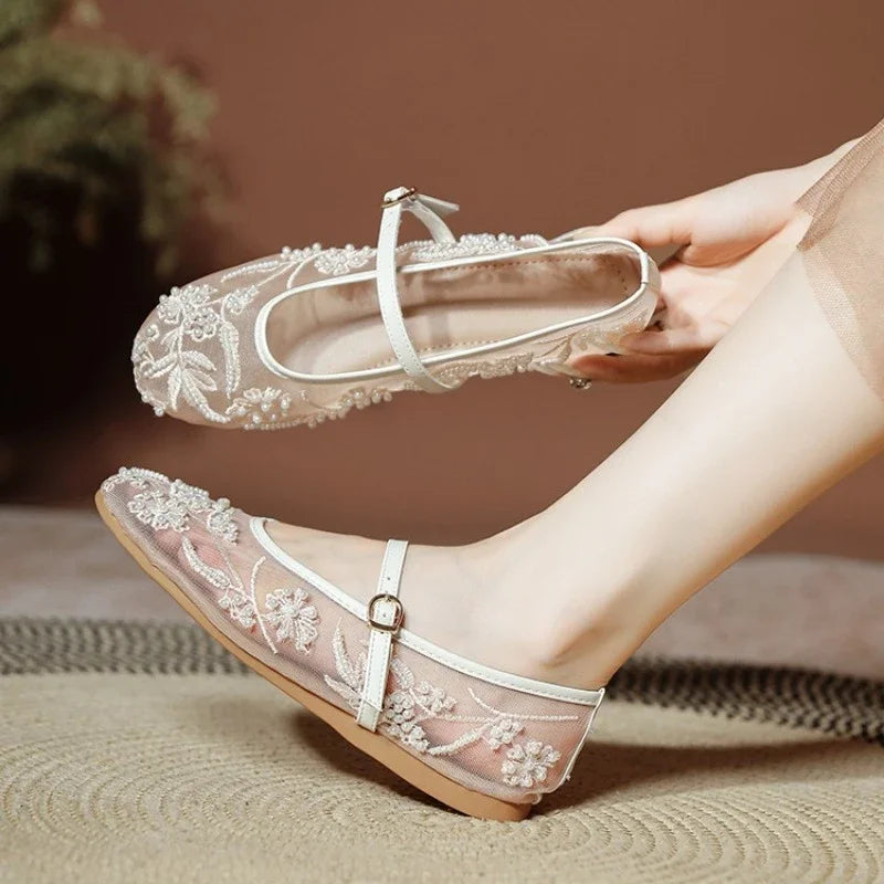 Lightweight Women’s Ballet Flats - Mary Jane Mesh, Beaded