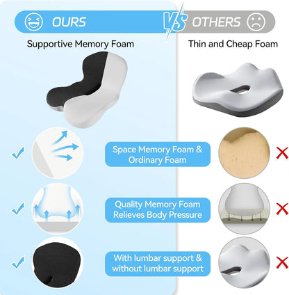 Memory Foam Seat Cushion – Ergonomic Lumbar Support for Office Chair and Car, Stress Relief