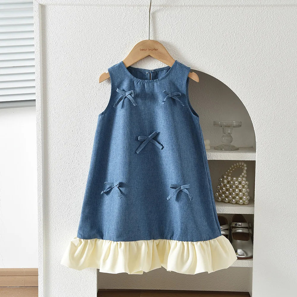 Soft girls' dress - round-neck sleeveless, bow-accented a-line, polyester, casual summer wear
