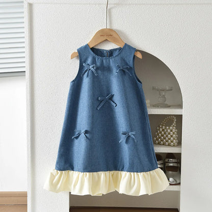 Soft girls' dress - round-neck sleeveless, bow-accented a-line, polyester, casual summer wear