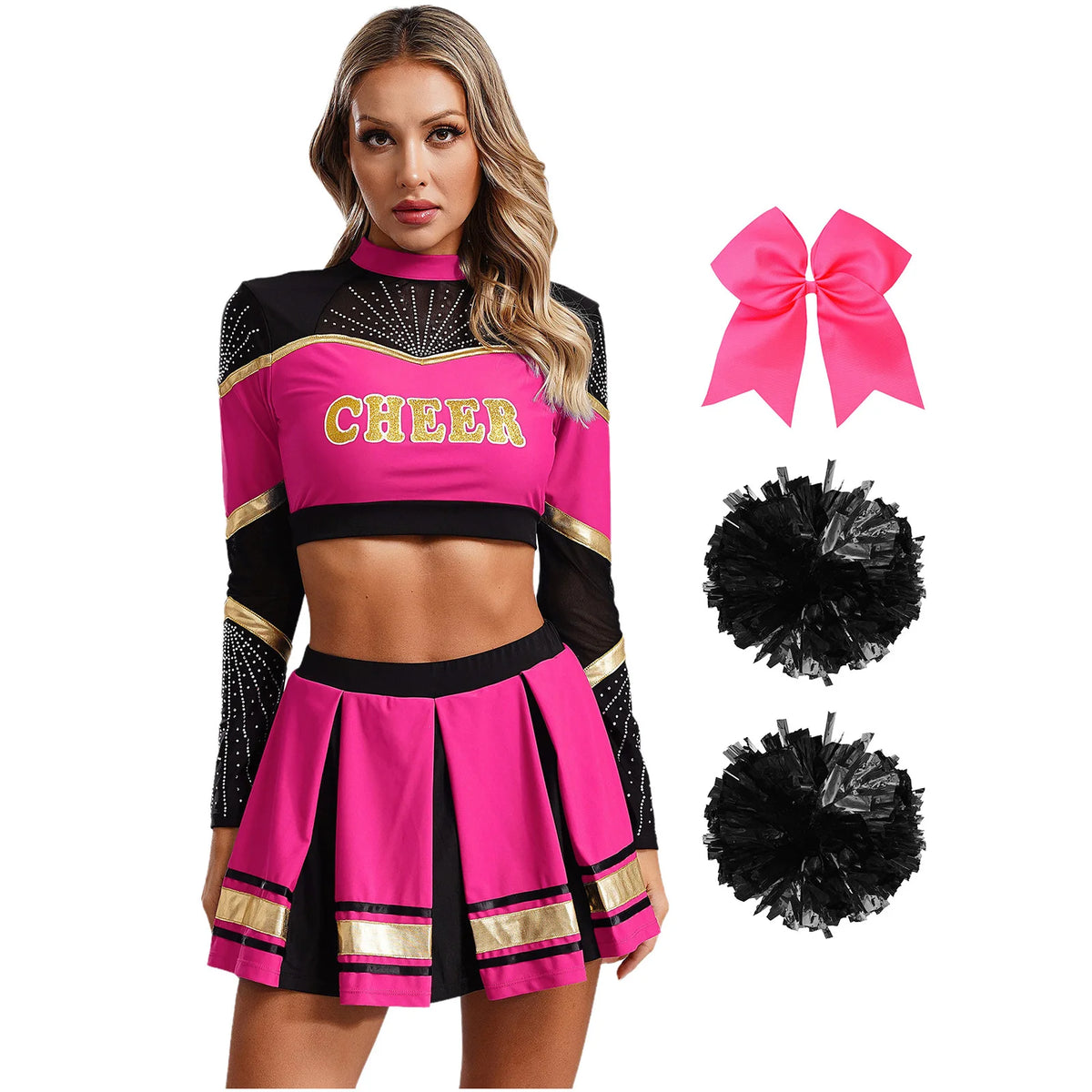 Cosplaykostuum voor cheerleaderoptredens voor vrouwen, crop-top met lange mouwen en geplooide rok met pompons 2026