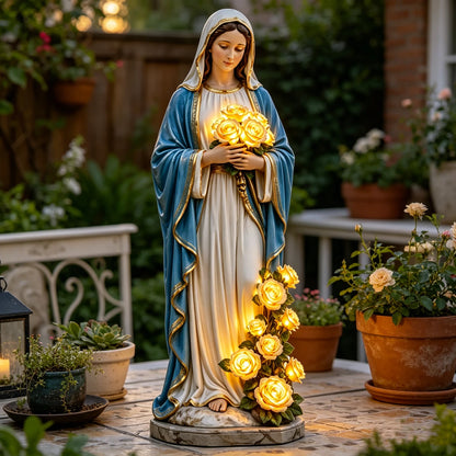 Virgin Mary Statue 7.87 Inch Outdoor Resin Garden Decor With Lighting Roses Religious Figurine Mother's Day Gift